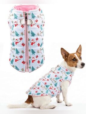 Holiday Snowman Pink-Trim Dog Puffer Vest / Jacket